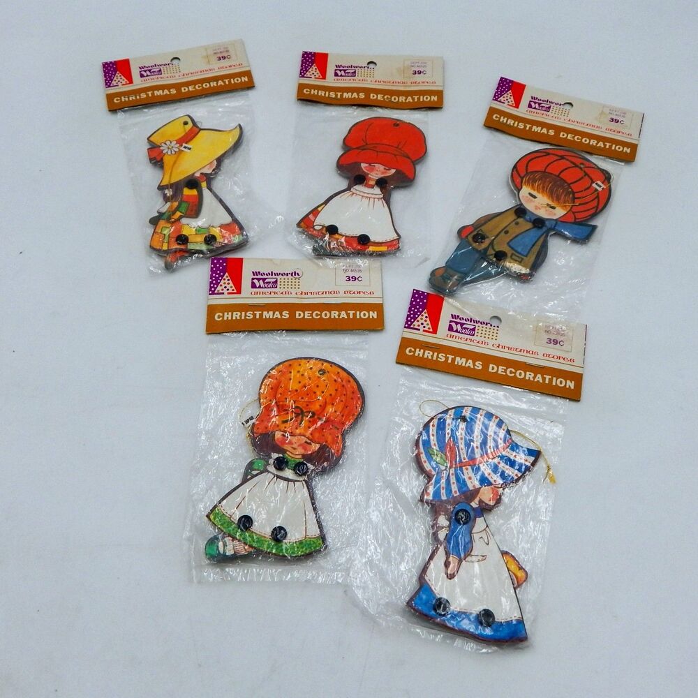 Vintage Woolworth Jointed Christmas Ornaments Mixed Lot of 5 Holly Hobbie NOS